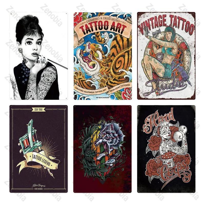 Affiche Métal Tatouage Plaque Métal Décor Boutique de Tatouage Plaque Décorative en Fer Décoration Murale Plaque en Étain Shabby Chic