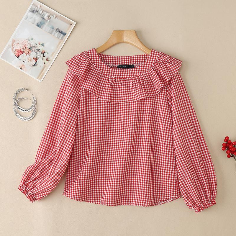 

ZANZEA Женская повседневная блузка с оборками, круглым вырезом, свободного кроя, с длинным рукавом, в клетку 4XL красный