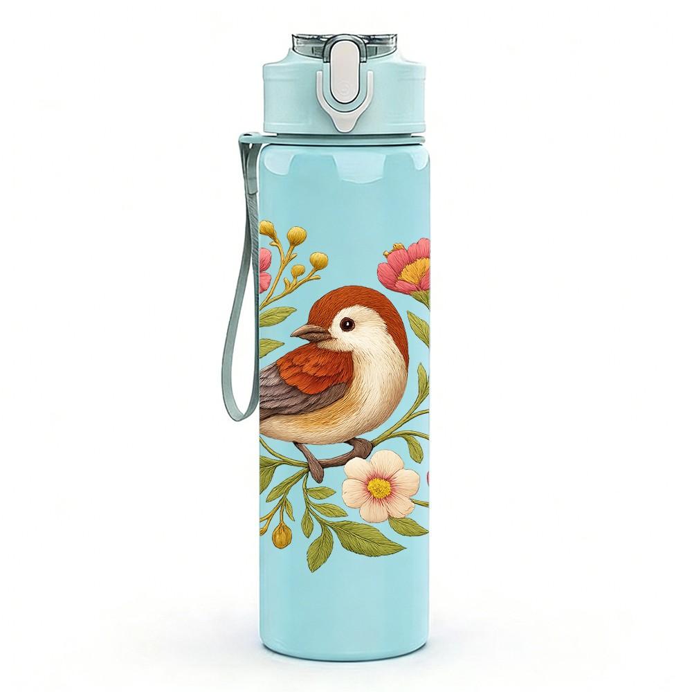 1PC Robin Bird Wildflower Print 750ml Color Plastic Sports Water Bottle Leakproof Flip Straw Lid Suitable for Sports Office Home Use