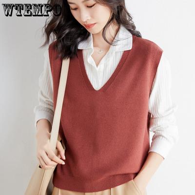 Solid Color Knitted Vest Women's Loose V-neck Casual Sweater Short Vest Shoulder Knitted Vest Autumn and Winter Sleeveless Knitwear Women's Clothing