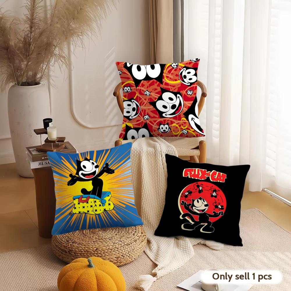 F-Felix The Cat Exquisite Cushion Cover Silky Short Plush Invisible Zipper Dustproof Sofa Pillow Case For Home Decor