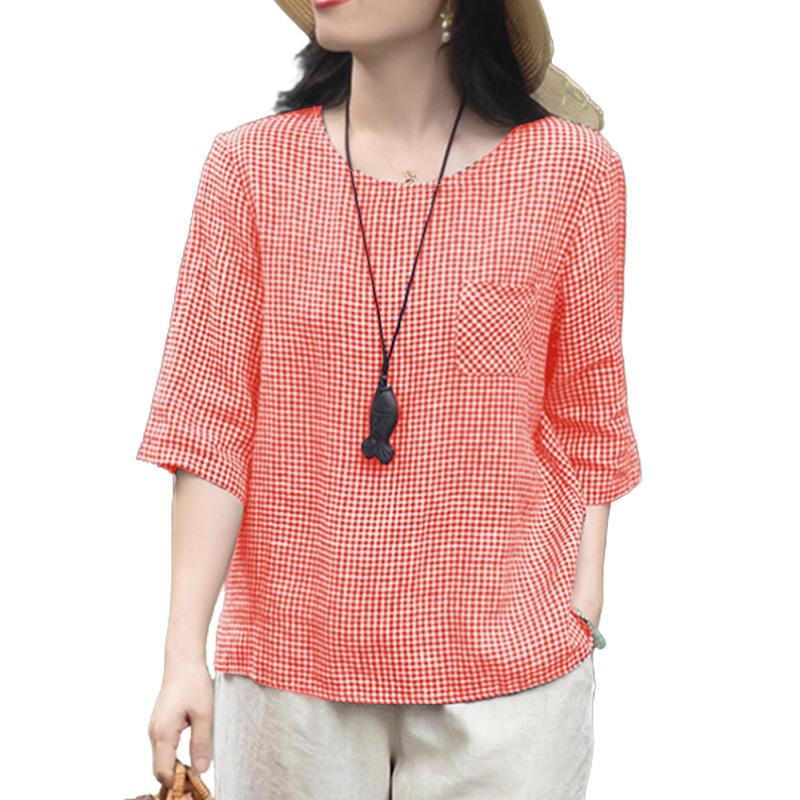 ZANZEA Women Casual Round Neck Plaid Print Loose Half Sleeve Blouse