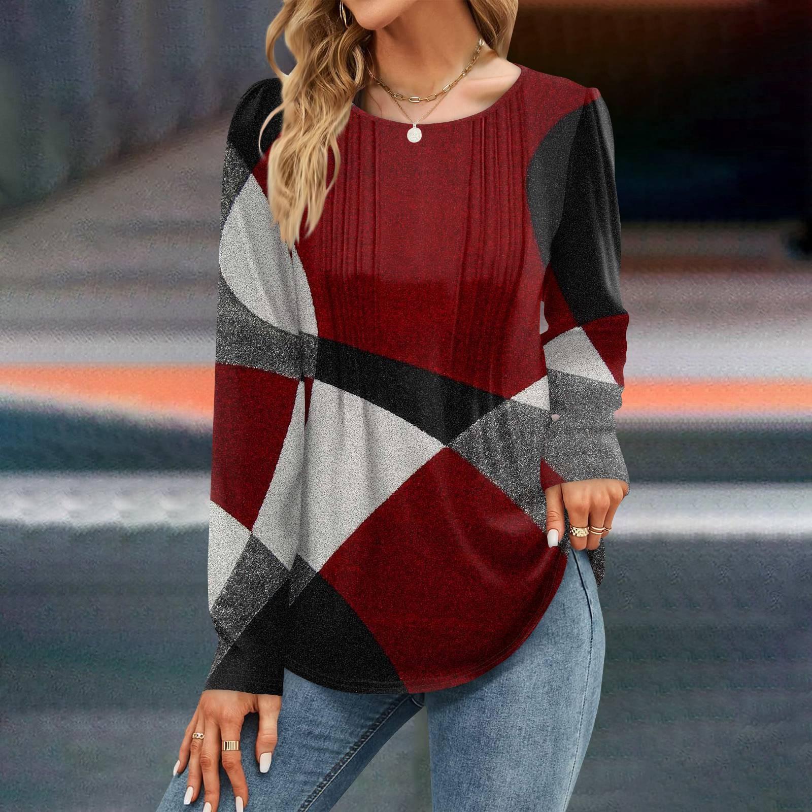 

Женская мода цветные лоскутные платья осень повседневные топы с длинным рукавом рубашка свободный пуловер XXL красный