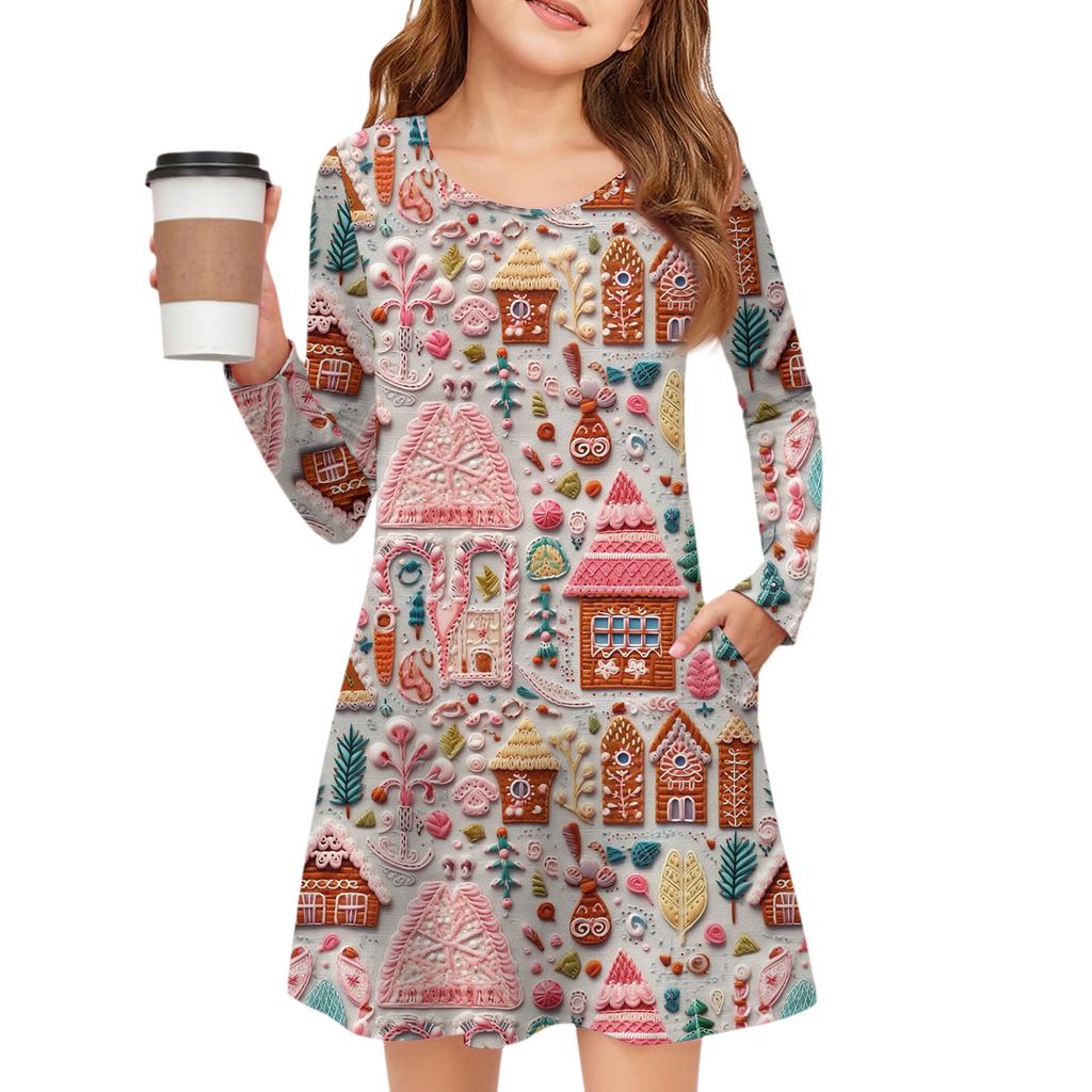 Christmas Day Girls' Long Sleeve Dress - Color Pocket Dress