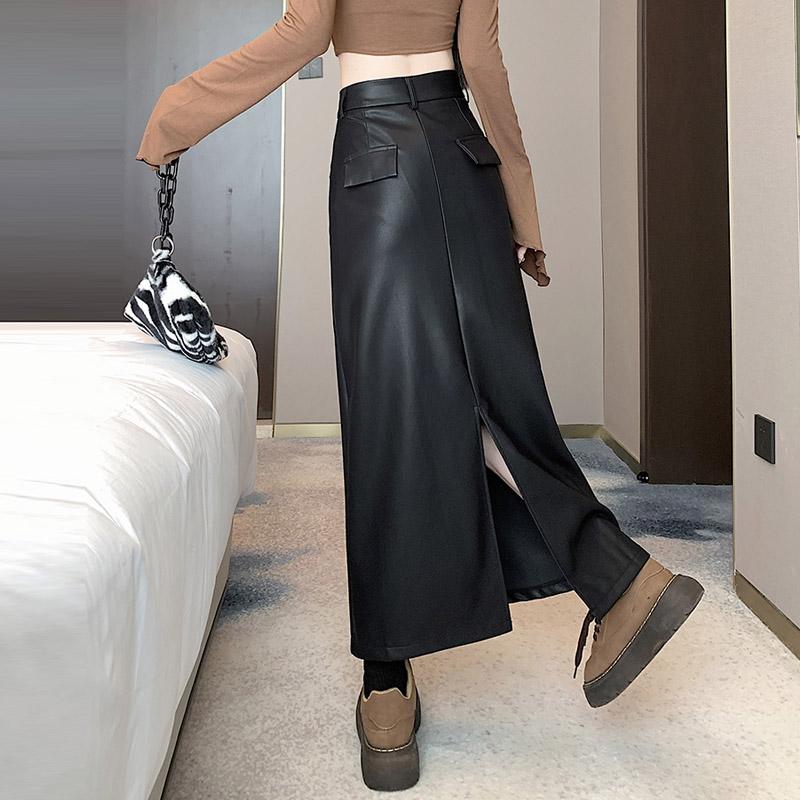 A-line Slit Leather Skirt for Women Autumn Winter High-waisted Black PU Midi Skirt Black Korean Fashion Female Clothing