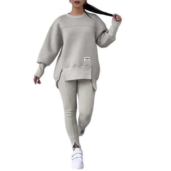 2 Pcs/Set Women Top Pants Suit Round Neck Long Sleeve Slit Hem