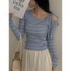 Koreański Szykowny Dzianinowy Top w Paski z Długim Rękawem z Dekoltem Odkrywającym Ramiona i Wiązaniem