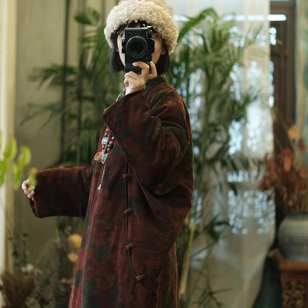 Johnature Women Print Floral Parkas Winter Vintage Coats Warm Long Sleeve Chinese Style Button Female Coats