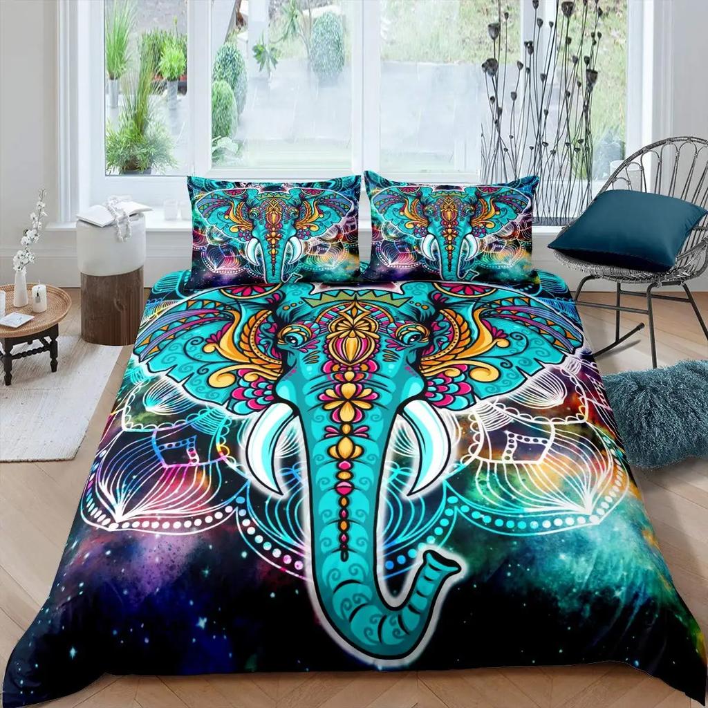 Elephant Soft Duvet Cover Set Ful,Boho Vintage High-End Premium Beding Set Exotic Mplusala Comfortable Quilt Cover Tribal Ethnic Warm Comforter Cover