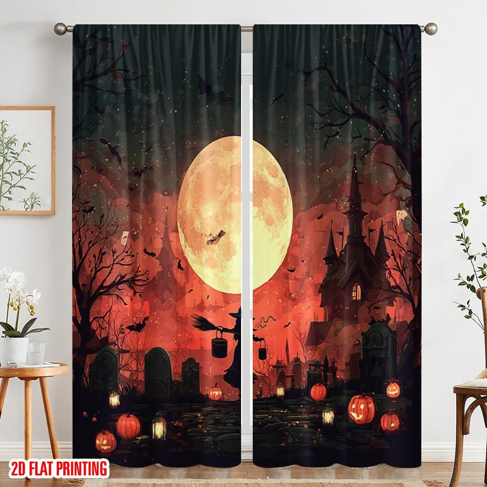 2pcs,2D Plane Printing Curtain Popular Halloween Witch Flying On Broomstick3 Polyester Woven (without Rod) Decorations Outdoor