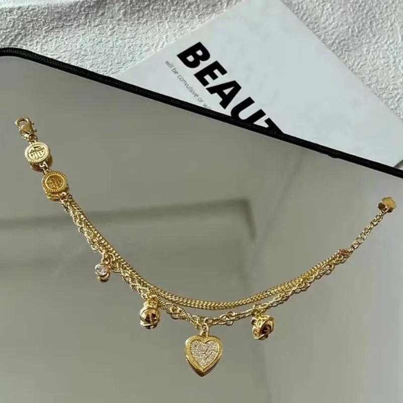 ANENJERY Gold Color Love Heart Zircon Pendants Bracelet Double Layer Chain Charm Valentine's Day Jewelry Gifts For Women Lovers