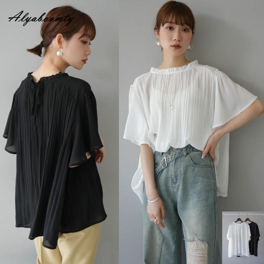 Korean Style Spring Summer Women Casual Loose Blouse Ruffled Collar White Black Pleated Blouse Batwing Sleeve Elegant Office Lady Blouse