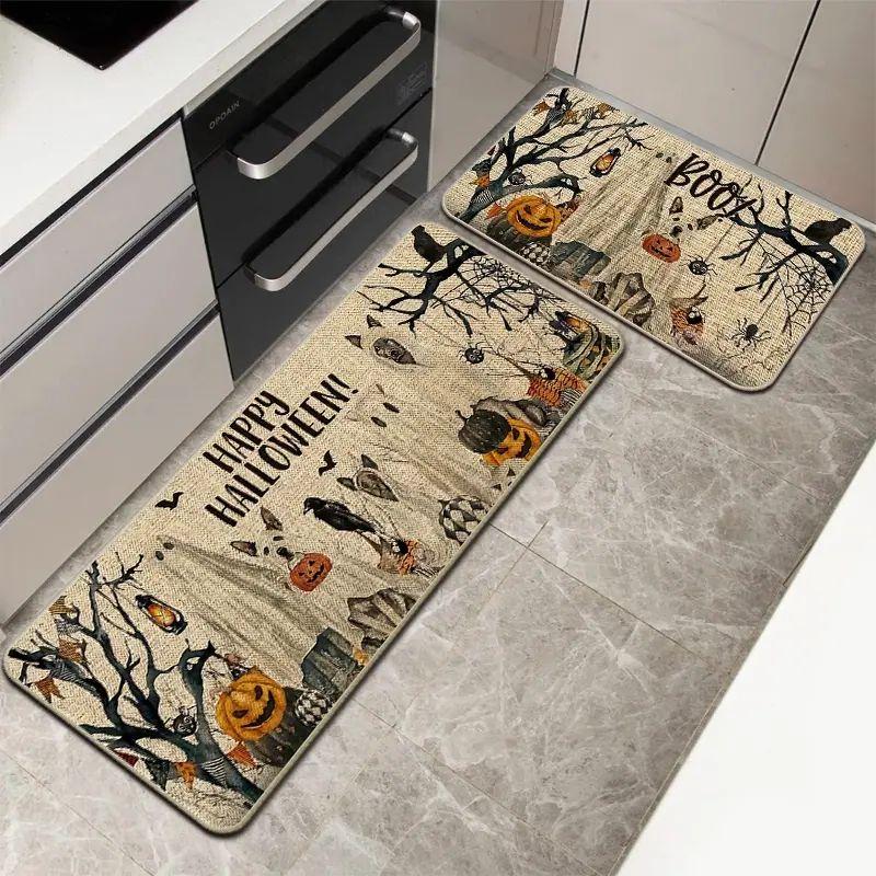Halloween Kitchen Mat Set Black Gold Stripe Pumpkin Boo Runner Mat Entryway Holiday Home Decor Aesthetic Art Cute