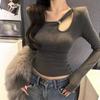 Women's Asymmetric Cutout Long Sleeve Top Metal Buckle Detail Slim Fit Cropped Going‑Out Tee