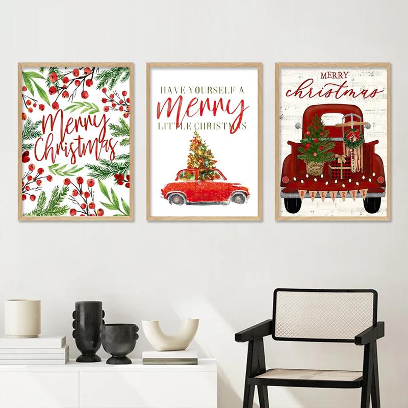 Wesołych Świąt Skarpetka Ciężarówka Samochód Grafika Ścienna Obraz na Płótnie, Nordyckie Plakaty i Druki, Wystrój Domu Salonu, 69F 0316