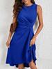 Women's Round Neck Sleeveless Solid Color Ruched Asymmetric Hem Elegant Midi A Line Dress