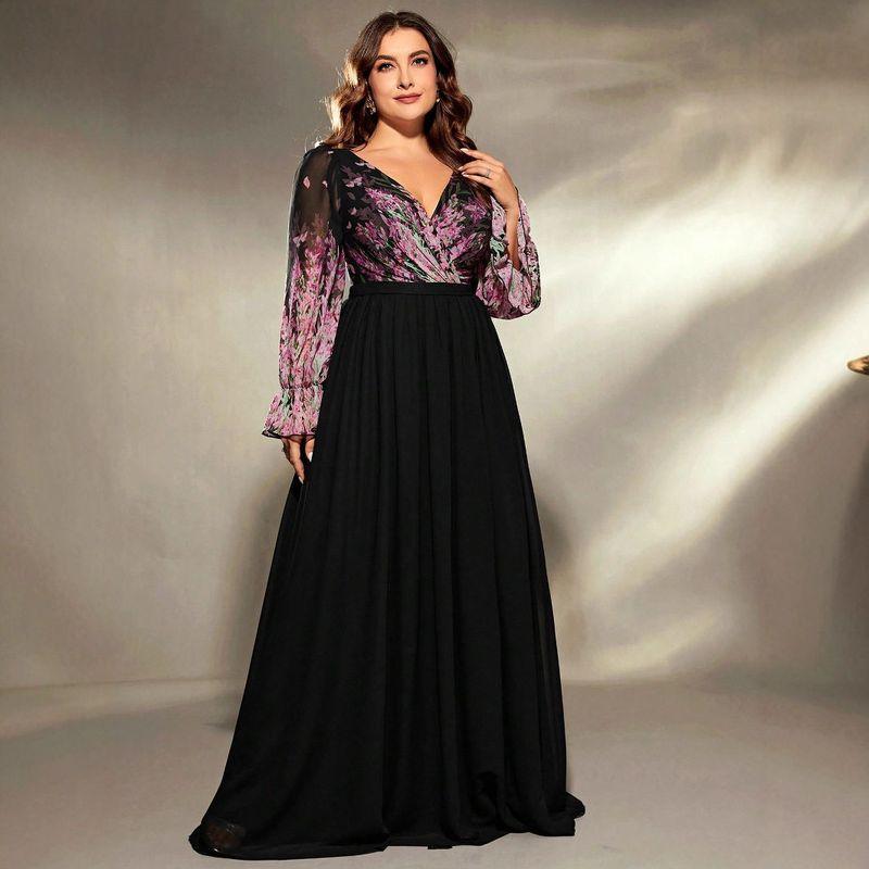New Style V-Neck Plus-Size Dress, Long-Sleeved Ball Gown, Birthday Party Evening Dress, Party Dress