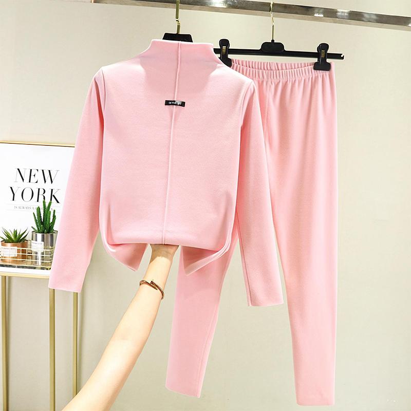 Double-sided Velvet Two Piece Set Autumn Clothes and Pants Women's Half High Neck Warm Long Sleeved Top Solid Color Undershirt Autumn and Winter
