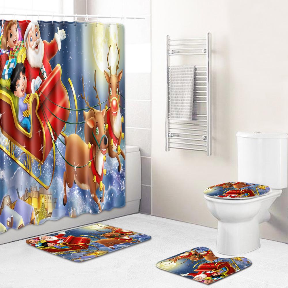Christmas Bathroom Shower Curtain Four-Piece Combination Floor Mat Bathroom Water Absorbent Non-Slip Door Mat Bedroom Carpet