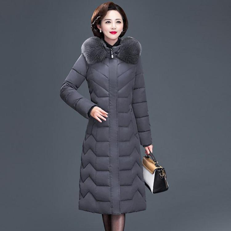 Damen Daunenjacke mit Kapuze Pelzkragen Mantel Große Größe Lang Schmal Geschnitten Baumwolle Gefüttert Winter Warm