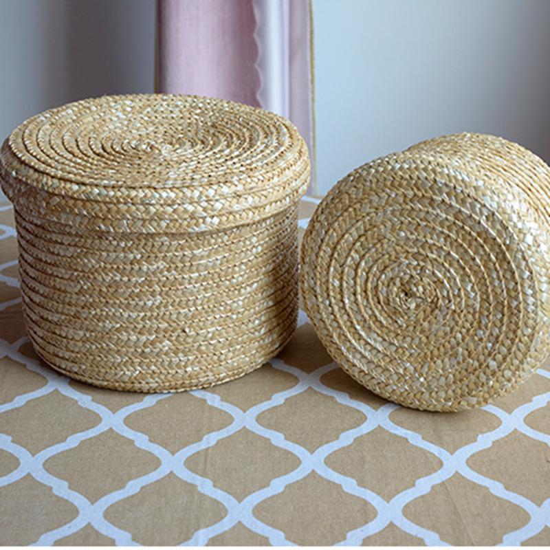 Woven Straw Storage Baskets with Lid Rattan Snack Container Multipurpose Bins Laundry Toys Organizer Household Folding Straw Box