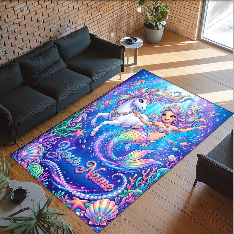Alfombra de Suelo de Terciopelo de Cristal con Temática de Unicornio, Alfombra Cálida Personalizada con Nombre y Texto, Decoración del Hogar