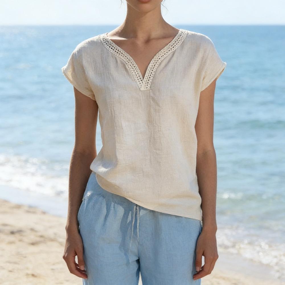 Women s Summer Retro Lace V-Neck Bohemian-Style Casual Cotton-Linen Short-Sleeve Shirt M