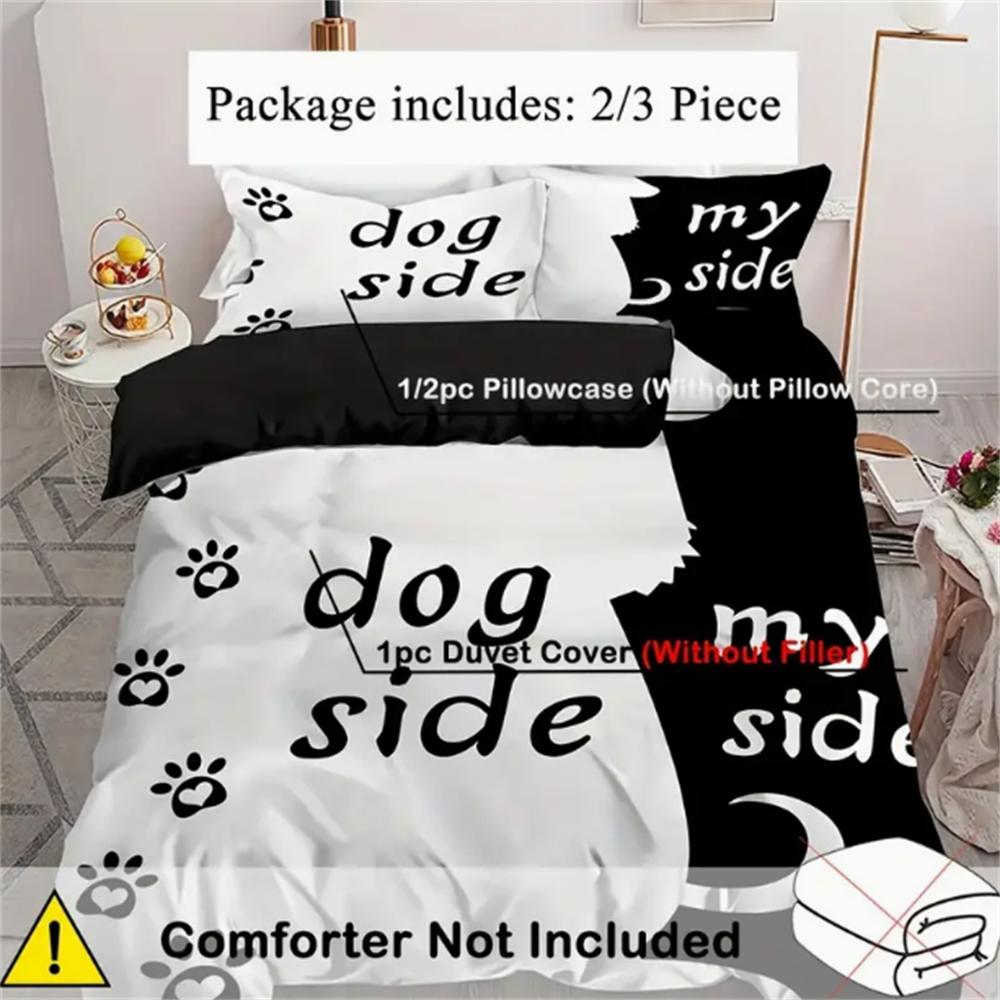 2/3-teiliges Verspieltes Hunde-Muster Bettwäsche-Set - Schwarz-Weiß Bedruckte Bettbezug-Set-Kollektion für Schlafzimmer und Gästezimmer