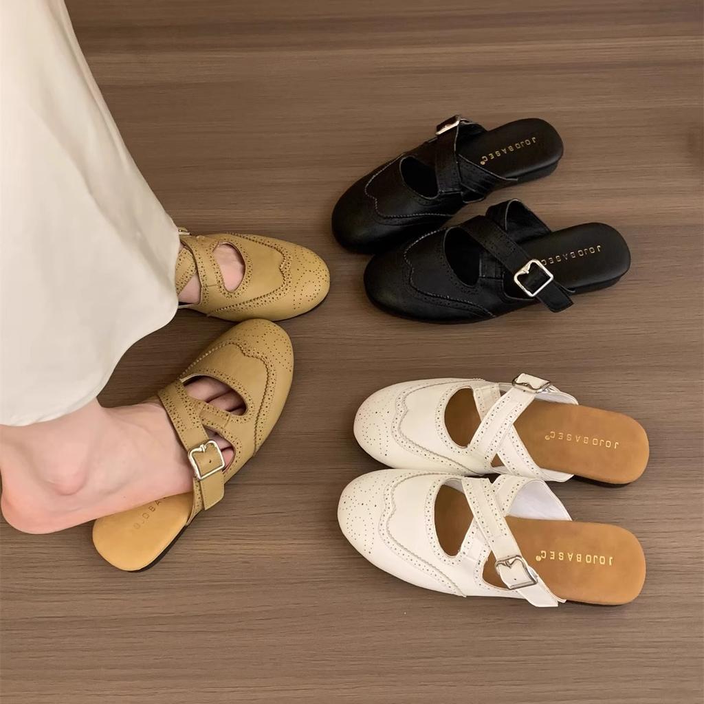 Niche Retro Round Head Flat-bottomed Bag Head Slippers Women's Summer Wear British Brock Cross Strap Lazy Half-tray Sandals