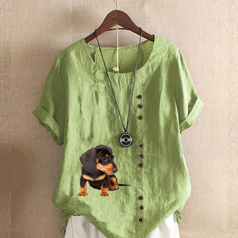 

Женская новая модная льняная рубашка с круглым вырезом и коротким рукавом с собачьим принтом, летняя женская повседневная блузка больших размеров, топы 5XL зелёный