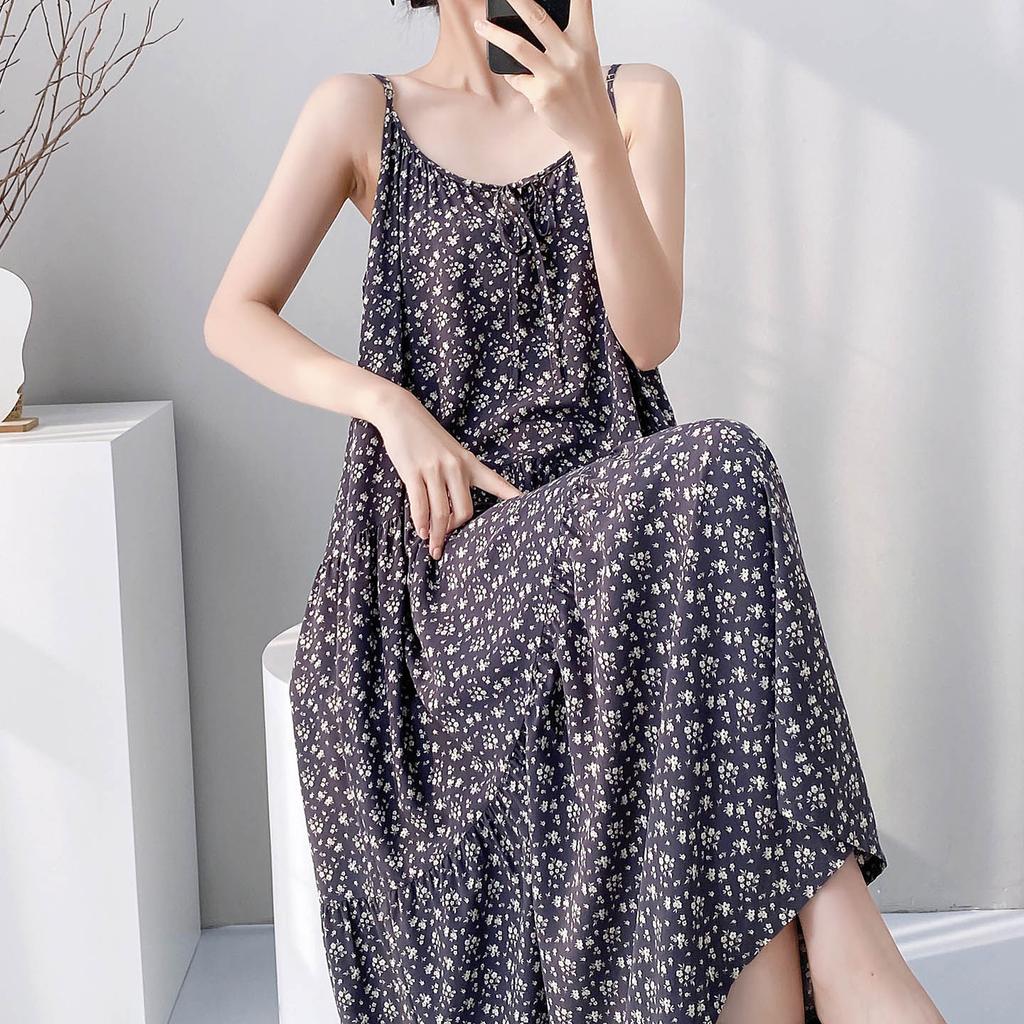 Summer sleeveless suspender cotton and silk nightdress women's lace-up can be worn outside loungewear high-end vacation long dress dress thin