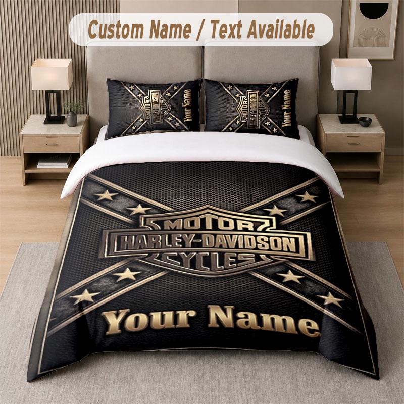 Custom Bedding Set Harley-Davidson Pattern, Print Name Text 1 Duvet Cover Plus 2 Pillowcases Home Textile