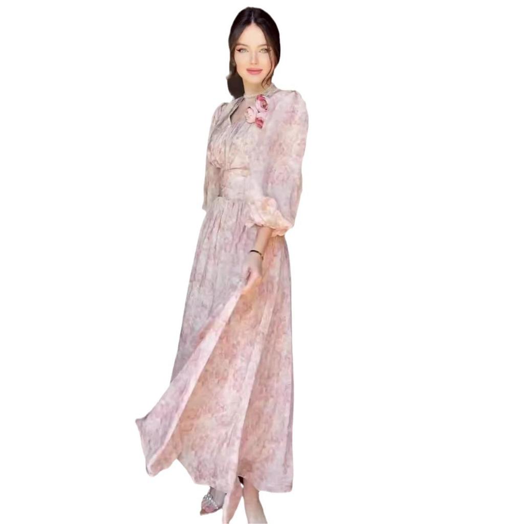 2024 Herbst Europäischer & Amerikanischer Damen Sanfter Stil Print Taillenbetontes Schlankmachendes Kleid