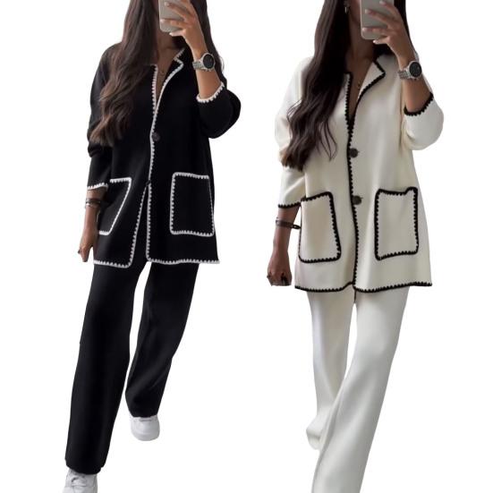 2 Pcs/Set Women Autumn Shirt Pants Set Turn-down Collar Single-breasted Long Sleeves Patchwork Top Wide Leg Loose Trousers Homewear Casual Outfit
