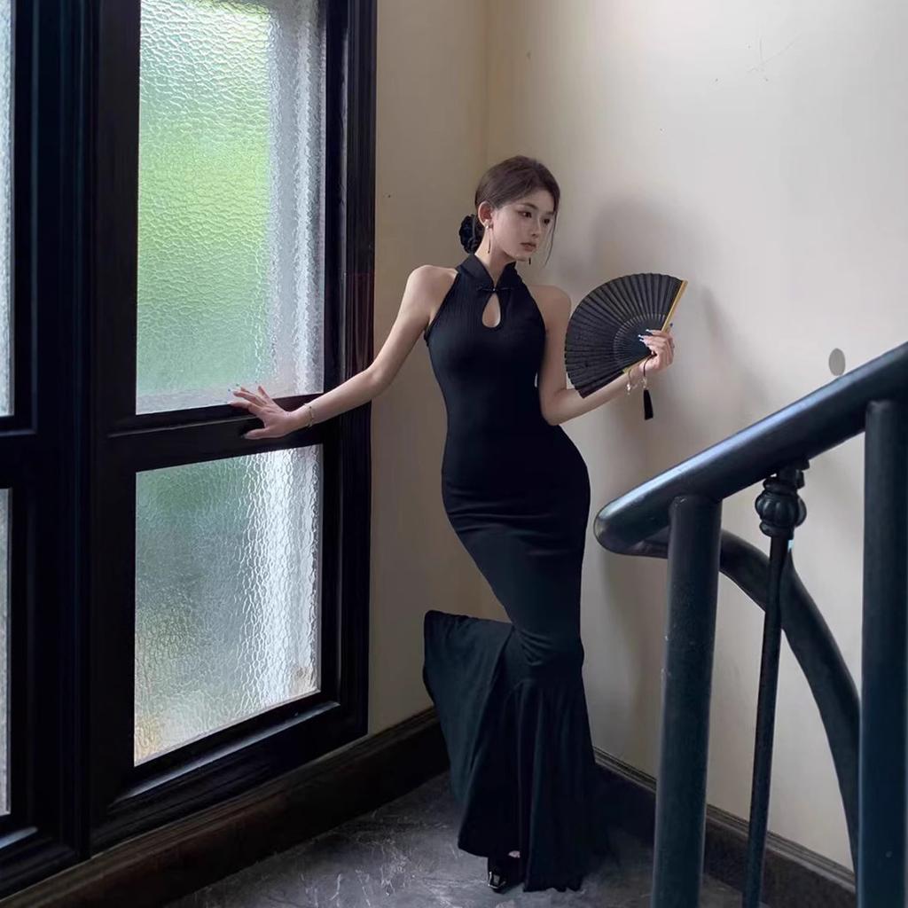 New Chinese-style improved cheongsam buckle neck dress women's summer retro black temperament waist fishtail long skirt