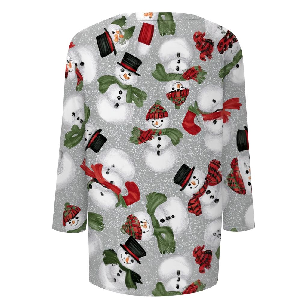 Women's Casual Three-Quarter Sleeve Neck Christmas Print Top