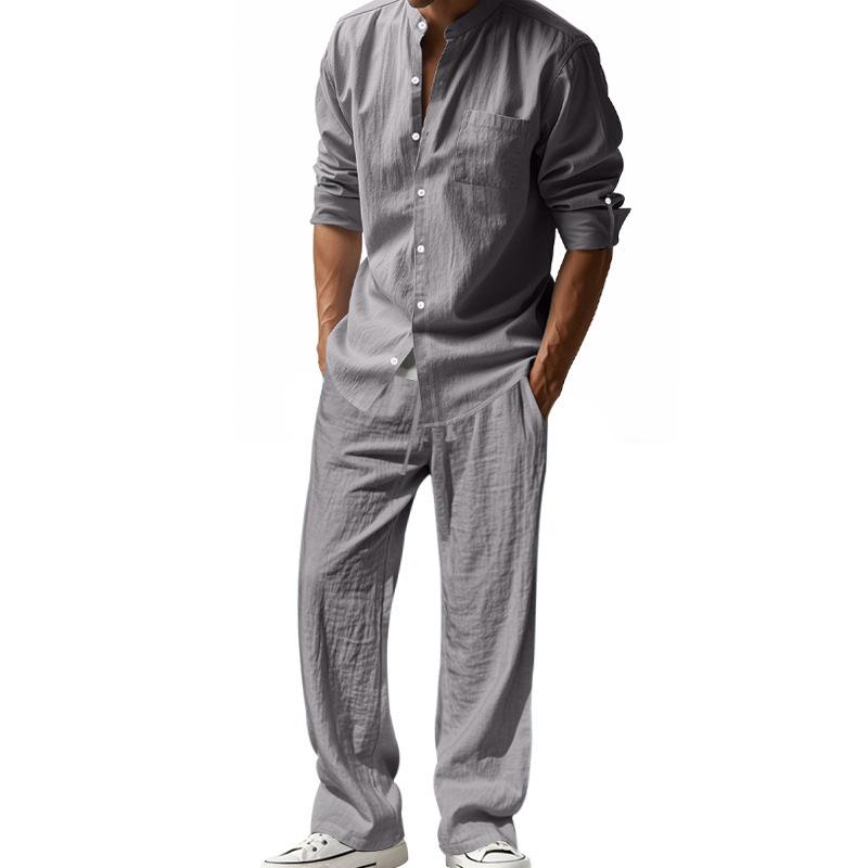 Men's All-season Linen Casual Two-piece Set: Loose-fitting, Comfortable and Breathable, Long-sleeved Top and Trousers