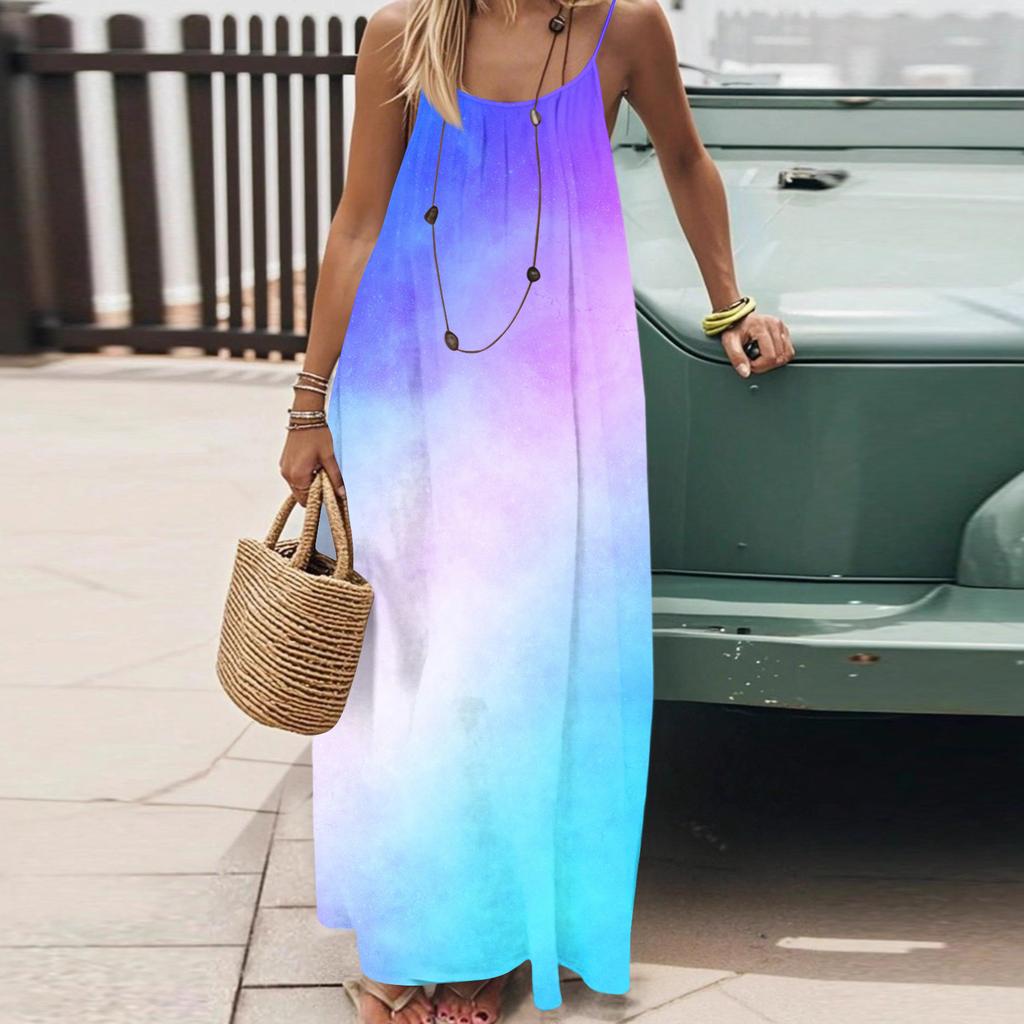 Dámské Módní Ležérní Volné Šaty s Květinovým Potiskem a Úzkými Ramínky Bez Zad