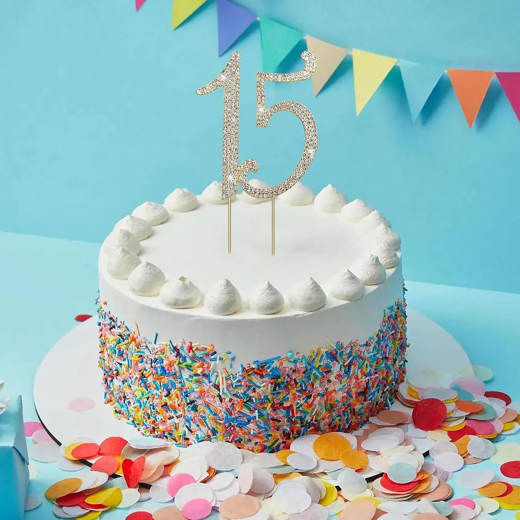1 PCS Gold 15 Cake Topper Number 15 Cake Decoration Gold Rhinestone Cakes Toppers Decoration Crystal Happy 15th Birthday Cakes Sparkly Bling Alloy