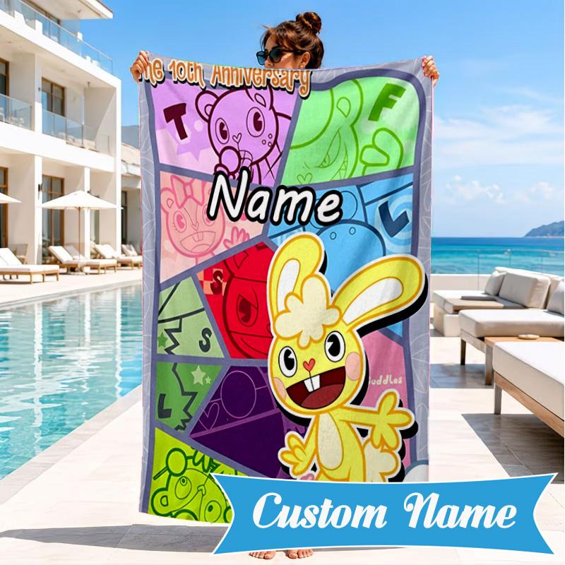 Custom Name Happy Tree Celebration Heart In Space Adventure Microfiber Beach Towel, Lightweight for Summer Travel, Swimming Pool Fan Gift