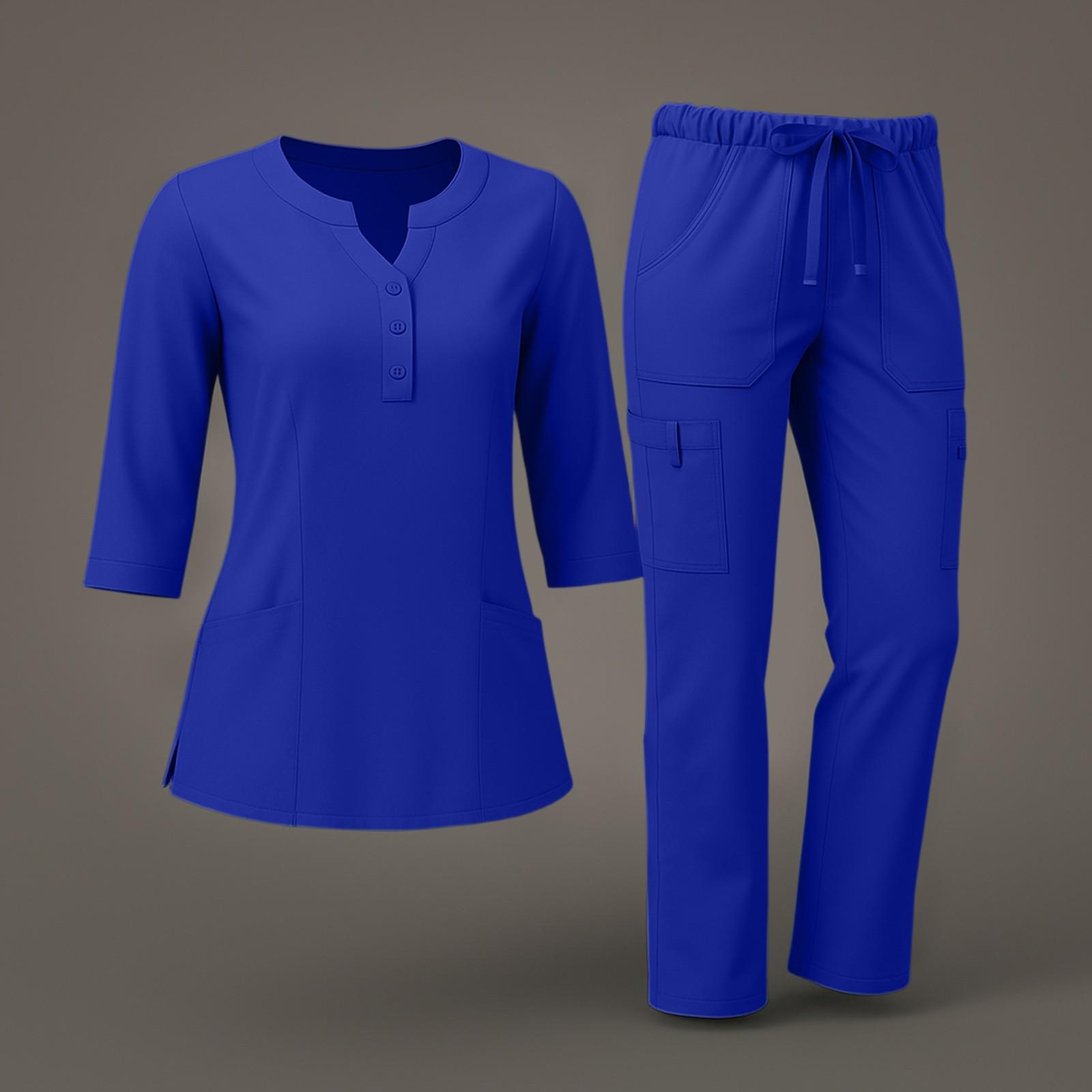 

Женский комплект из быстросохнущей ткани однотонный с V-образным вырезом, карманом и рукавом три четверти, брюки, рабочая одежда XL синий