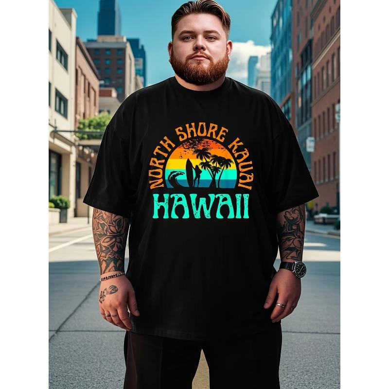 

European sizes Men s Hawaiian Surf Graphic T-Shirt - Black Tee with Tropical Palm Trees & Sunset - Everyday Hawaiian Style,Summer Clothing 4XL чорний