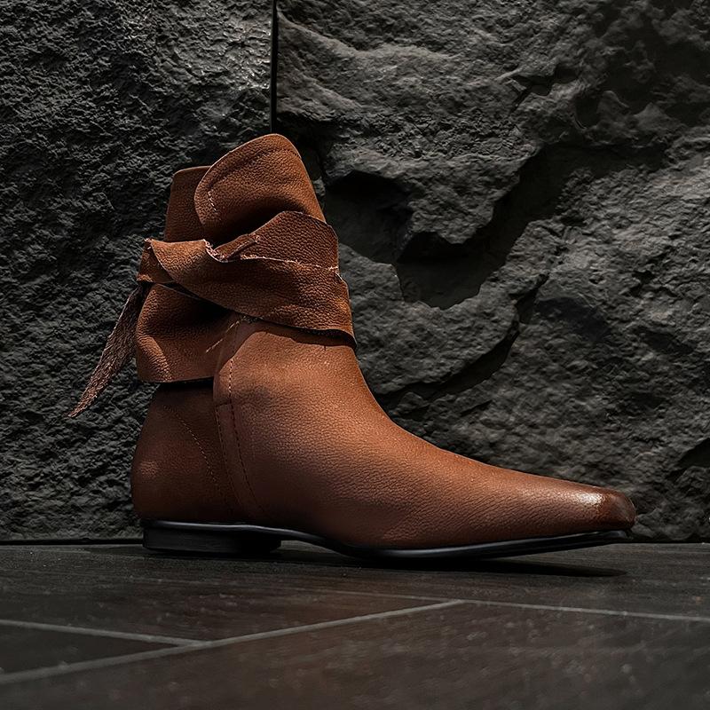 

2025 new Korean sleeve slim western boots women s autumn and winter rubbing French soft leather famous style short boots low heel 39 коричневый
