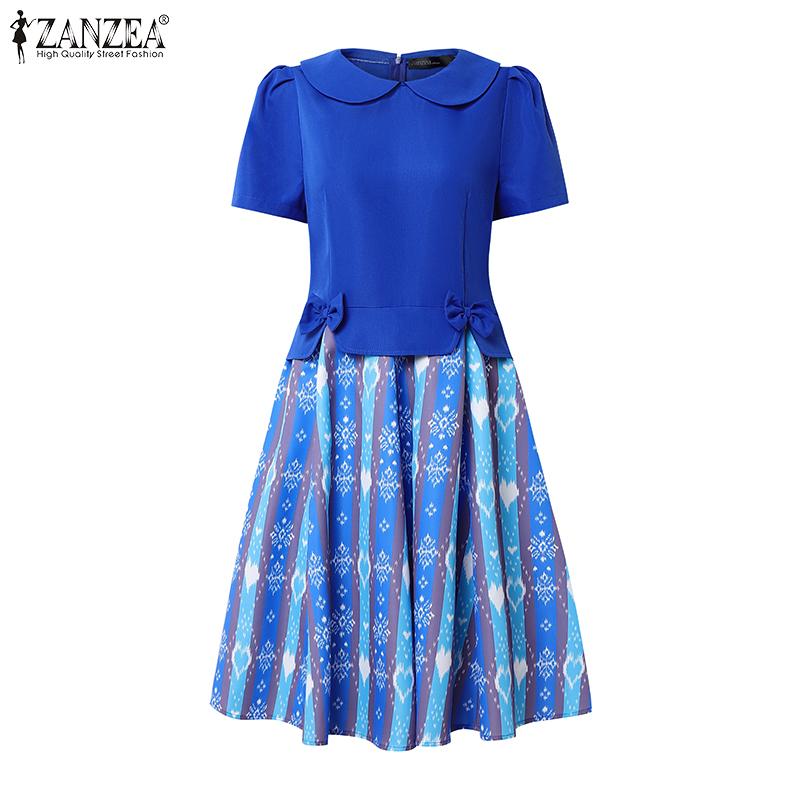 ZANZEA Women Doll Collar Casual Short Sleeve Print Patchwork Dress