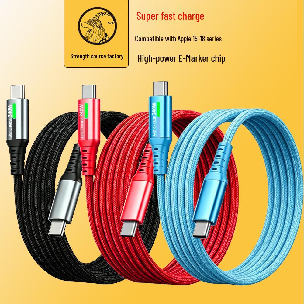 240W Dual USB-C Fast Charging Cable with LED Light for Apple, Android, Huawei Devices.