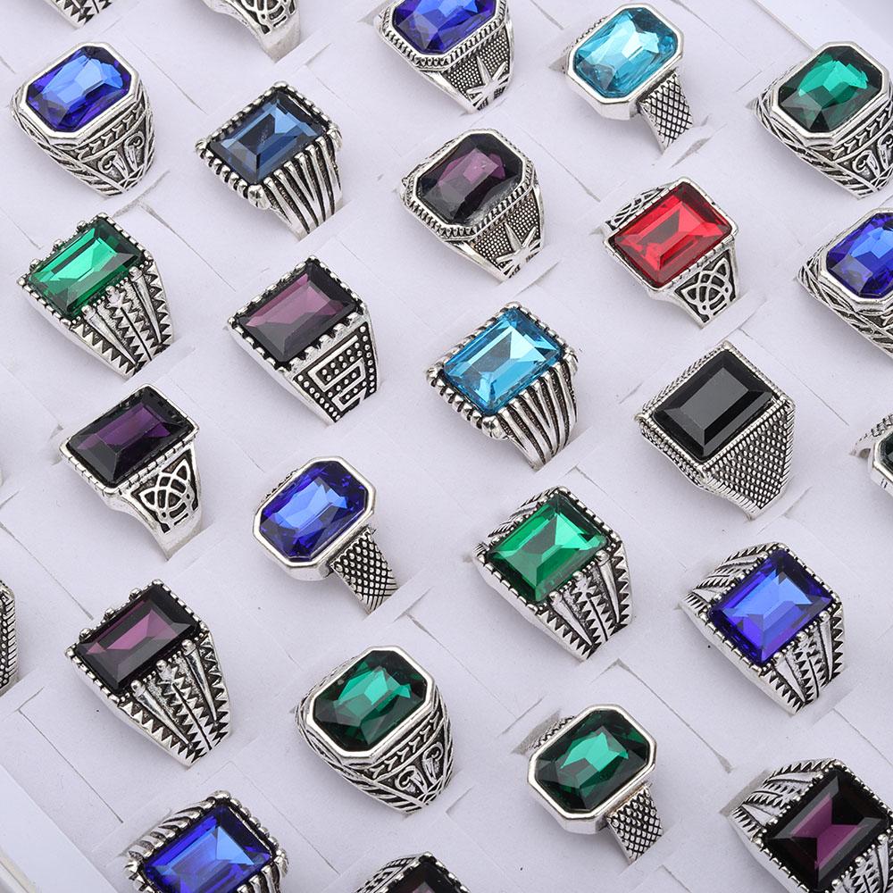 20 Pieces/lot Vintage Glass Rings For Women Men Mix Style Square Geometry Jewelry Party Gifts Wholesale