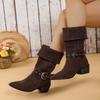 Fashion Metal Belt Buckle Decoration Riding Boots Women 2025 Autumn Sexy Point Toe Suede Western Boots Slip On Mid Calf Booties