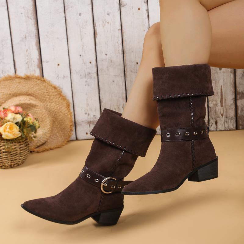 Fashion Metal Belt Buckle Decoration Riding Boots Women 2025 Autumn Sexy Point Toe Suede Western Boots Slip On Mid Calf Booties