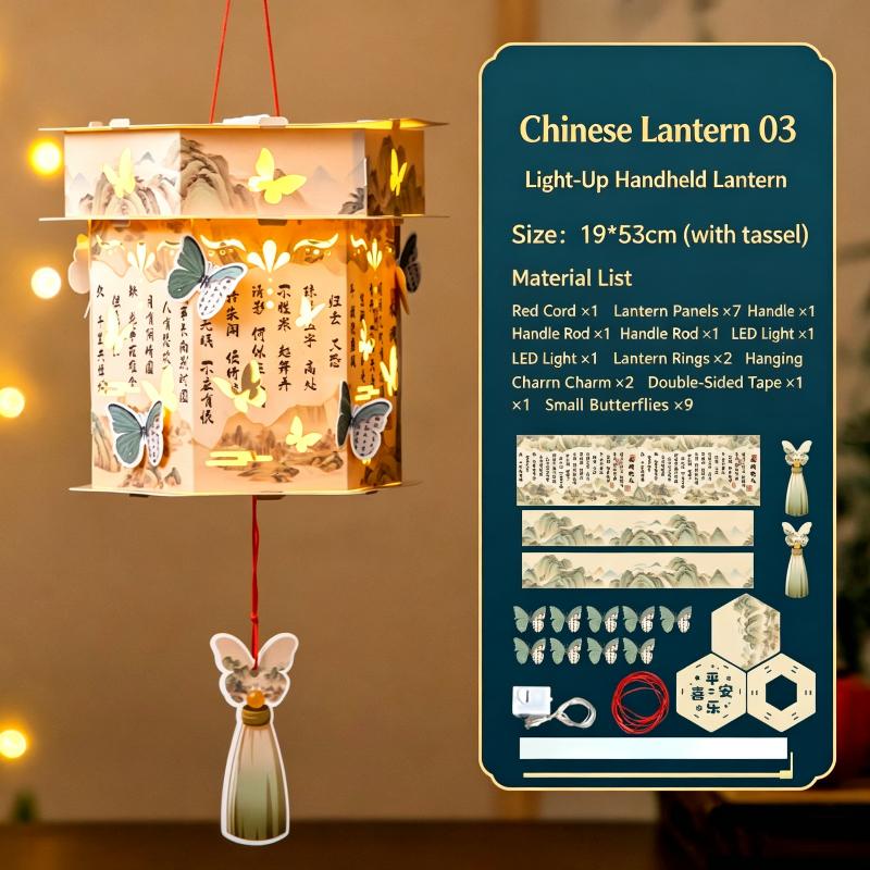 Handheld Traditional Chinese Paper Lantern DIY Material Kit with LED Light for Mid-Autumn Lantern Festival Decor