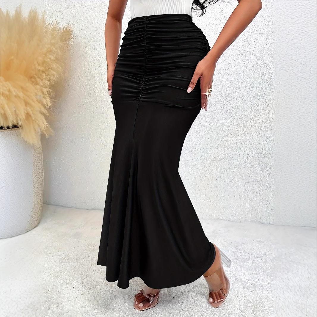 European and American women s clothing elegant elastic waist pleated elastic skirt pendant fishtail long skirt european and american code s чёрный